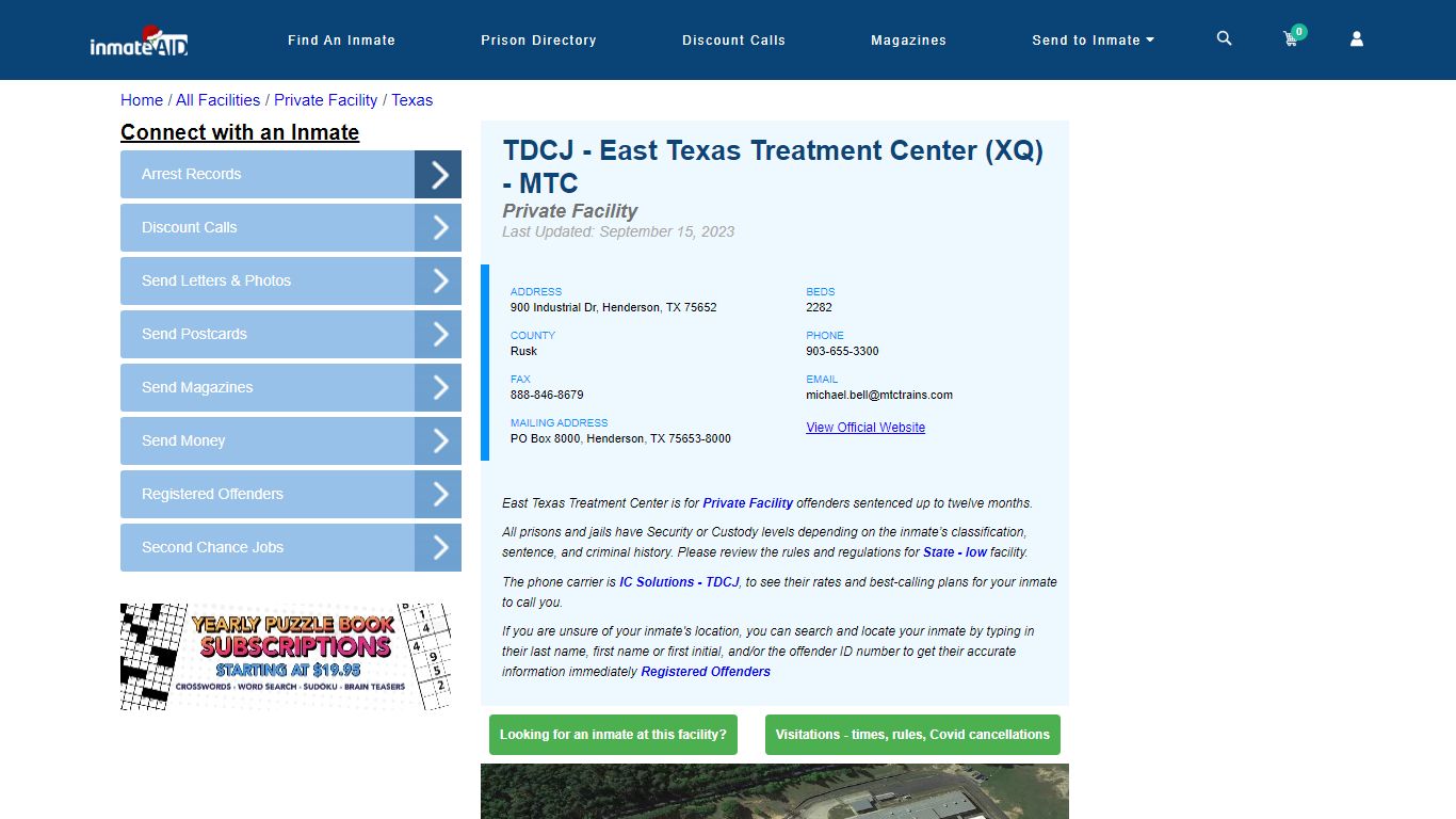 TDCJ - East Texas Treatment Center (XQ) - MTC - Inmate Search ...