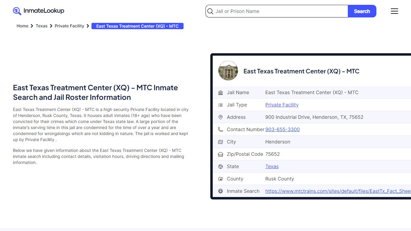 East Texas Treatment Center (XQ) - MTC Inmate Search - Inmate Lookup