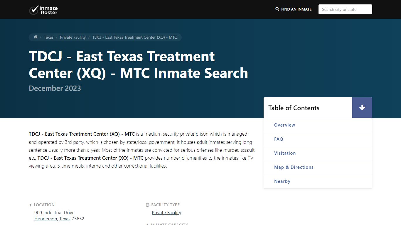 TDCJ - East Texas Treatment Center (XQ) - MTC Inmate Search