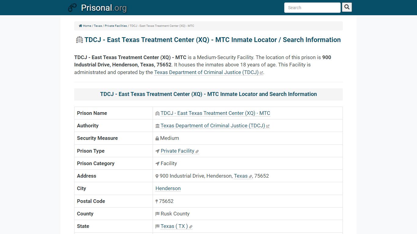 TDCJ - East Texas Treatment Center (XQ) - MTC-Inmate Locator/Search ...